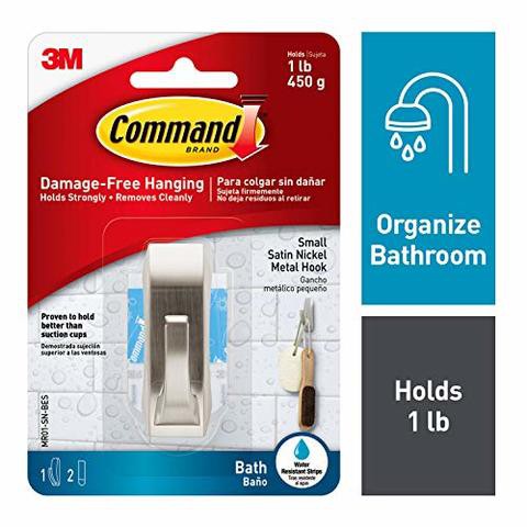 Command Modern Reflections Metal Bath Hook, Small, Satin Nickel, 1-Hook With Water-Resistant Strips (Mr01-Sn-Bes), Organize Your Dorm