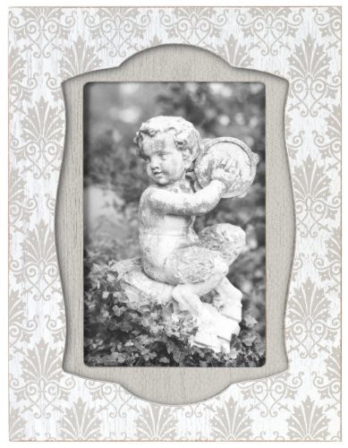 Malden International Designs Distressed Damask Picture Frame With Silkscreen Pattern, 4X6, White