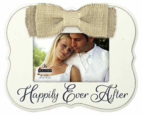 Malden International Designs Silkscreened &quot;Happily Ever After&quot; Wood With Burlap Bow Attachment Picture Frame, 4X6, Tan