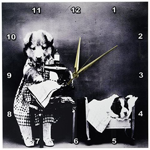 3Drose Dpp_203717_2 Print Of Doggies Sewing In This Vintage Photo Wall Clock, 13 By 13&quot;