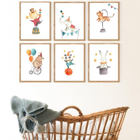 Sweet Pea Set of 6 Circus Animals Watercolour Wall Art Prints