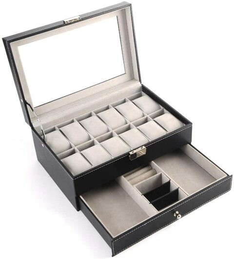 Generic Plate Glass Windows Watch Jewelry Ring Storage Box Organizer Double Layer Multifunction Box-Black