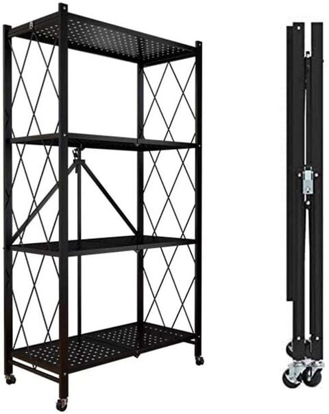 Jjone Foldable Storage Shelf Unit With Wheel, Heavy Duty Storage Shelving Unit For Kitchen Garage Laundry Bathroom Closet Office, No Assembly Needed (4 Tier, Black)