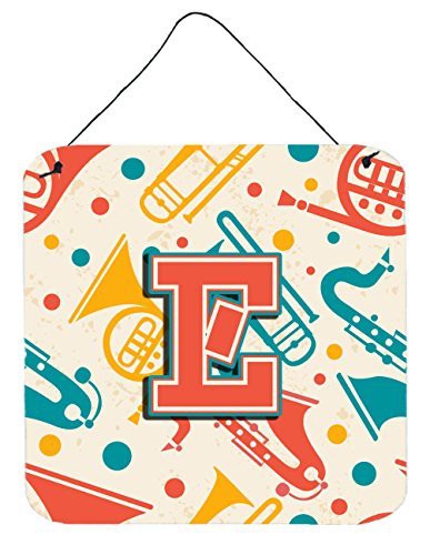 Caroline&#39;s Treasures Letter E Retro Teal Orange Musical Instruments Initial With Wall Or Door Hanging Prints, 6 X 6