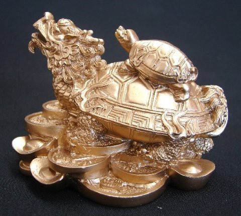 Feng Shui Import Feng Shui Dragon Turtle, Chinese Dragon Tortoise Sitting On Chinese Coins And Ingot For Wealth