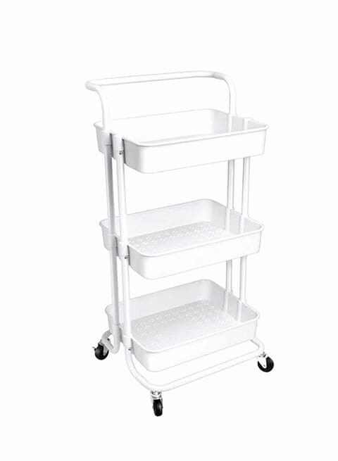 3 Tier Utility Rolling Storage Cart With Handles And Lockable Wheels Pearl While 43x36x86.5cm