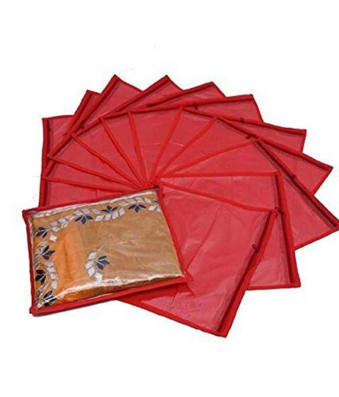 Kuber Industries 12 Pieces Non Woven Packing Saree Cover Set, Red