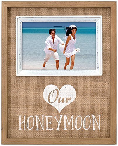 Malden International Designs Burlap Wall Sentiments Silkscreened &quot;Our Honeymoon&quot; Picture Frame, 4X4, Tan