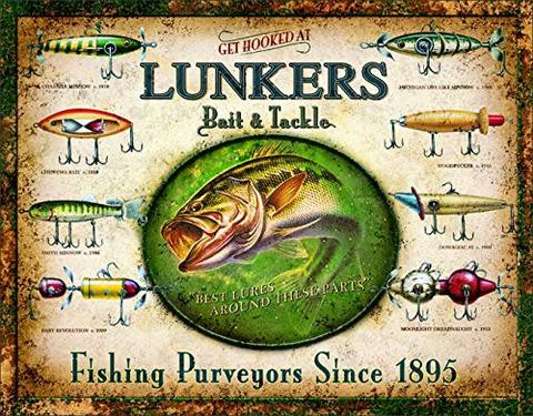 Desperate Enterprises Lunker&#39;s Lures Tin Sign, 16&quot; W X 12.5&quot; H