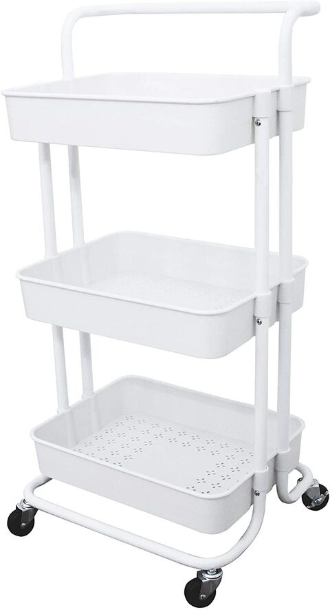 Generic Aewio 3-Tier Utility Rolling Cart Multifunction Storage Service Cart With Handle And Lockable Wheels For Kitchen Bathroom Office Laundry Room (White)