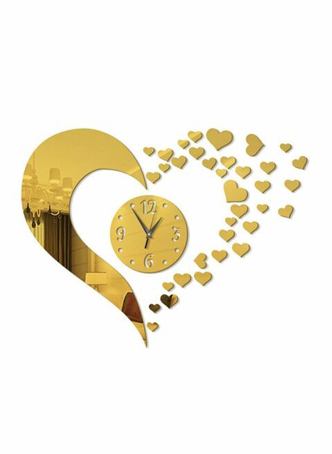 Generic Diy Love Heart Heart Wall Decoration 3D Mirror Wall Clock Gold 56X38cm