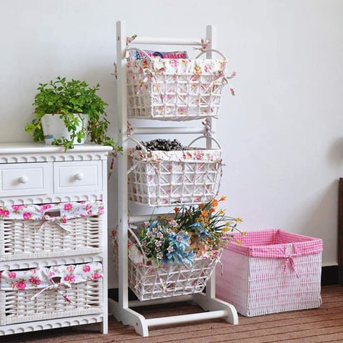 LINGWEI Fabric Rack Storage Basket Free Standing Organizer Solid Wood Heavy Duty Shelves for Storing Clothes, Children's Toys, Detachable Double-row Storage Basket