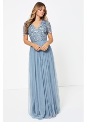 Maya V Neck Short Sleeve Sequin Maxi Dress Regular