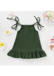 Baby Girls Summer Sleeveless Ruffles Dress Cotton Linen Fabric Kids Sheer Clothes