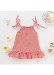 Baby Girls Summer Sleeveless Ruffles Dress Cotton Linen Fabric Kids Sheer Clothes