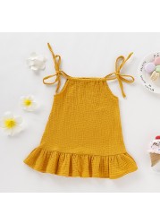 Baby Girls Summer Sleeveless Ruffles Dress Cotton Linen Fabric Kids Sheer Clothes