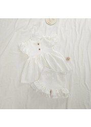 Fashion Baby Dress Clothes Set Newborn Cotton Waffle Princess Girls Top Flying Sleeves Buttons Ruffles A-Line Dress Shorts Set