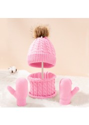 New Winter Hat Scarf Gloves Set For Kids 0-3 Years Boys Girls Children Cotton Warm Pom Poms Hat Sets Solid Color Cute Hat Scarf