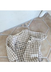 2022 New Baby Cotton Linen Clothes Set Plaid Cartoon Casual Tops Pants 2pcs Baby Set Cute Boy Girls Comfortable Infant Outfits