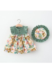 Melario Summer Outfit Toddler Girl Dresses Korean Fashion Cute Print Cotton Baby Princess Dress + Sunhat Newborn Clothes Set