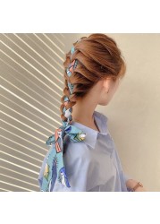 1pc Adult Kids Silk Scarf French Style Headband Girls Braided Bow Long Ribbon Head Rope Tied Hair Streamer Clothes Accessories