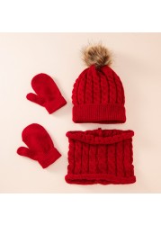 Cute Hat Scarf Set Beanie Hat Gloves 3pcs Children Hats Girls Fake Ball Pom Keep Warm Winter Knitted Skullies Kids Bone