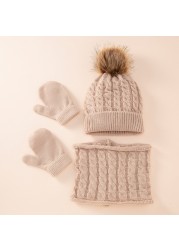 Cute Hat Scarf Set Beanie Hat Gloves 3pcs Children Hats Girls Fake Ball Pom Keep Warm Winter Knitted Skullies Kids Bone