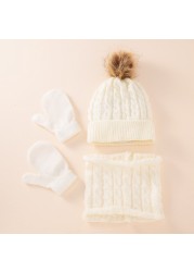 Cute Hat Scarf Set Beanie Hat Gloves 3pcs Children Hats Girls Fake Ball Pom Keep Warm Winter Knitted Skullies Kids Bone