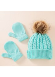 Cute Hat Scarf Set Beanie Hat Gloves 3pcs Children Hats Girls Fake Ball Pom Keep Warm Winter Knitted Skullies Kids Bone