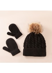 Cute Hat Scarf Set Beanie Hat Gloves 3pcs Children Hats Girls Fake Ball Pom Keep Warm Winter Knitted Skullies Kids Bone