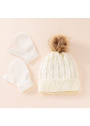 Cute Hat Scarf Set Beanie Hat Gloves 3pcs Children Hats Girls Fake Ball Pom Keep Warm Winter Knitted Skullies Kids Bone