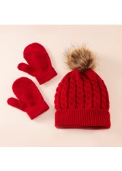 Cute Hat Scarf Set Beanie Hat Gloves 3pcs Children Hats Girls Fake Ball Pom Keep Warm Winter Knitted Skullies Kids Bone