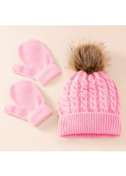 Cute Hat Scarf Set Beanie Hat Gloves 3pcs Children Hats Girls Fake Ball Pom Keep Warm Winter Knitted Skullies Kids Bone