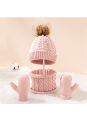 Cute Hat Scarf Set Beanie Hat Gloves 3pcs Children Hats Girls Fake Ball Pom Keep Warm Winter Knitted Skullies Kids Bone