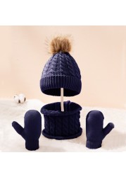 Cute Hat Scarf Set Beanie Hat Gloves 3pcs Children Hats Girls Fake Ball Pom Keep Warm Winter Knitted Skullies Kids Bone