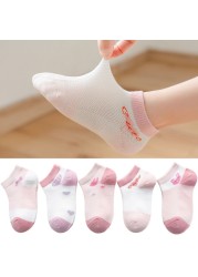 5 Pairs Girls Cotton Socks Summer Thin Mesh Breathable Cute Cartoon Children Socks Toddler Baby Girls Socks Pink 1-12 Years