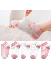 5 Pairs Girls Cotton Socks Summer Thin Mesh Breathable Cute Cartoon Children Socks Toddler Baby Girls Socks Pink 1-12 Years