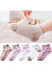 5 Pairs Girls Cotton Socks Summer Thin Mesh Breathable Cute Cartoon Children Socks Toddler Baby Girls Socks Pink 1-12 Years