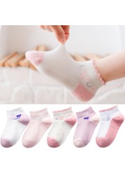 5 Pairs Girls Cotton Socks Summer Thin Mesh Breathable Cute Cartoon Children Socks Toddler Baby Girls Socks Pink 1-12 Years