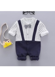 Baby check one-piece clothing children's clothing casual wear out boy baby autumn and winter cartoon clothing set