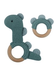 1pc or 2pcs/set BPA Free Crochet Dinosaur Baby Teether Rattle Safe Beech Wooden Teether Ring Newborn Mobile Sport Educational Toy