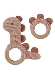 1pc or 2pcs/set BPA Free Crochet Dinosaur Baby Teether Rattle Safe Beech Wooden Teether Ring Newborn Mobile Sport Educational Toy