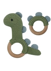 1pc or 2pcs/set BPA Free Crochet Dinosaur Baby Teether Rattle Safe Beech Wooden Teether Ring Newborn Mobile Sport Educational Toy