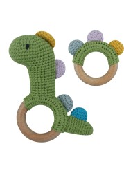 1pc or 2pcs/set BPA Free Crochet Dinosaur Baby Teether Rattle Safe Beech Wooden Teether Ring Newborn Mobile Sport Educational Toy