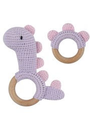 1pc or 2pcs/set BPA Free Crochet Dinosaur Baby Teether Rattle Safe Beech Wooden Teether Ring Newborn Mobile Sport Educational Toy