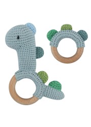 1pc or 2pcs/set BPA Free Crochet Dinosaur Baby Teether Rattle Safe Beech Wooden Teether Ring Newborn Mobile Sport Educational Toy