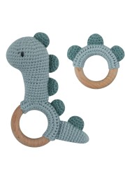 1pc or 2pcs/set BPA Free Crochet Dinosaur Baby Teether Rattle Safe Beech Wooden Teether Ring Newborn Mobile Sport Educational Toy