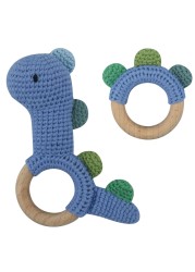 1pc or 2pcs/set BPA Free Crochet Dinosaur Baby Teether Rattle Safe Beech Wooden Teether Ring Newborn Mobile Sport Educational Toy