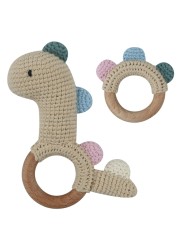 1pc or 2pcs/set BPA Free Crochet Dinosaur Baby Teether Rattle Safe Beech Wooden Teether Ring Newborn Mobile Sport Educational Toy