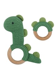 1pc or 2pcs/set BPA Free Crochet Dinosaur Baby Teether Rattle Safe Beech Wooden Teether Ring Newborn Mobile Sport Educational Toy